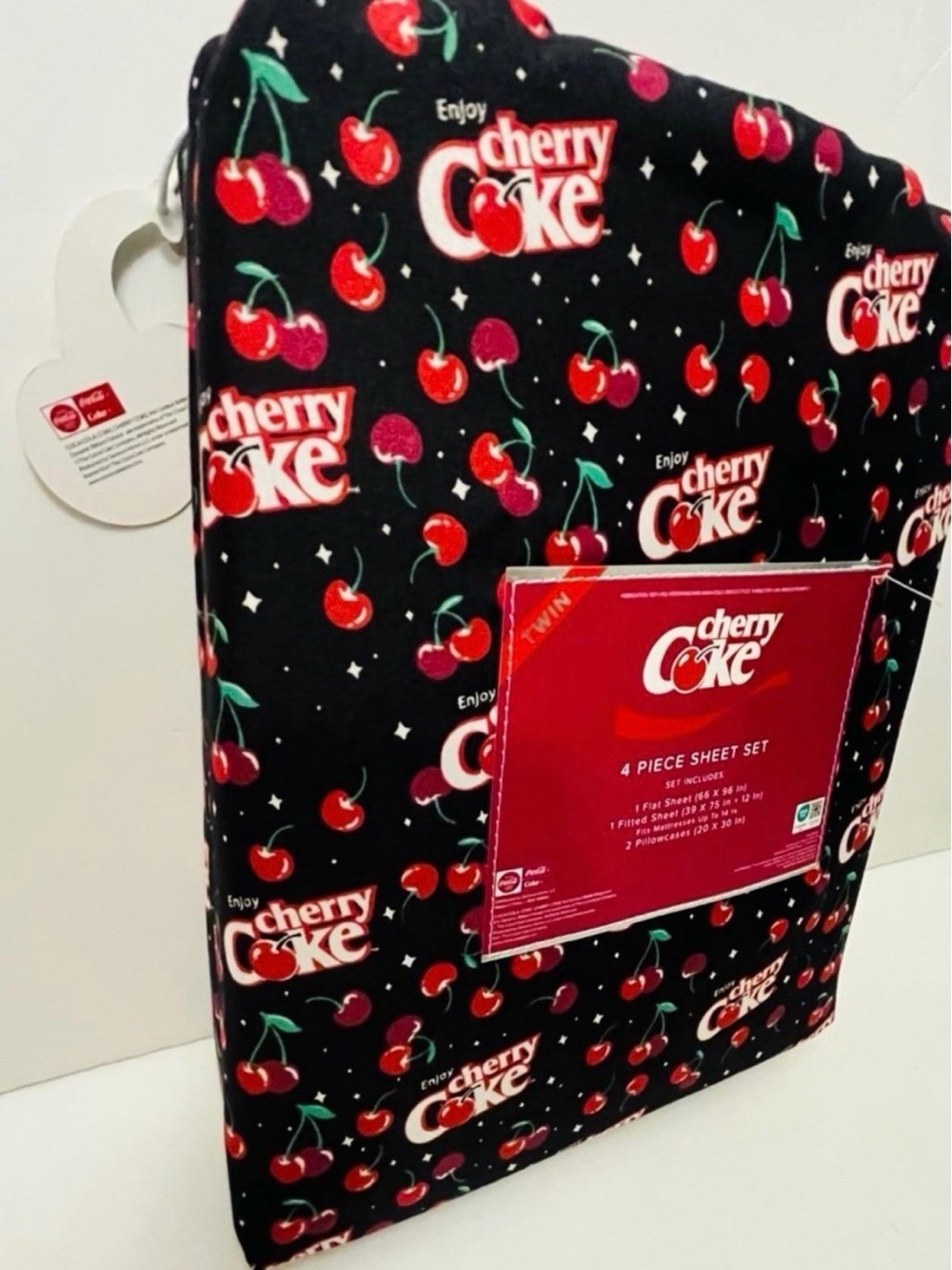 Enjoy Cherry Coke Twin Size 4 Piece Sheet Set Black Red White Green - Picture 11 of 12